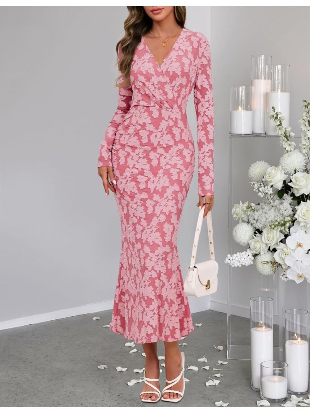 〽️Pink Floral Maxi Dress Long Sleeve Wrap V Neck Ruched Waist Ruffle Hem - Picture 5 of 6